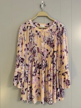 Women’s J Jill pintuck purple floral blouse 3/4 bell sleeve popover XL summer